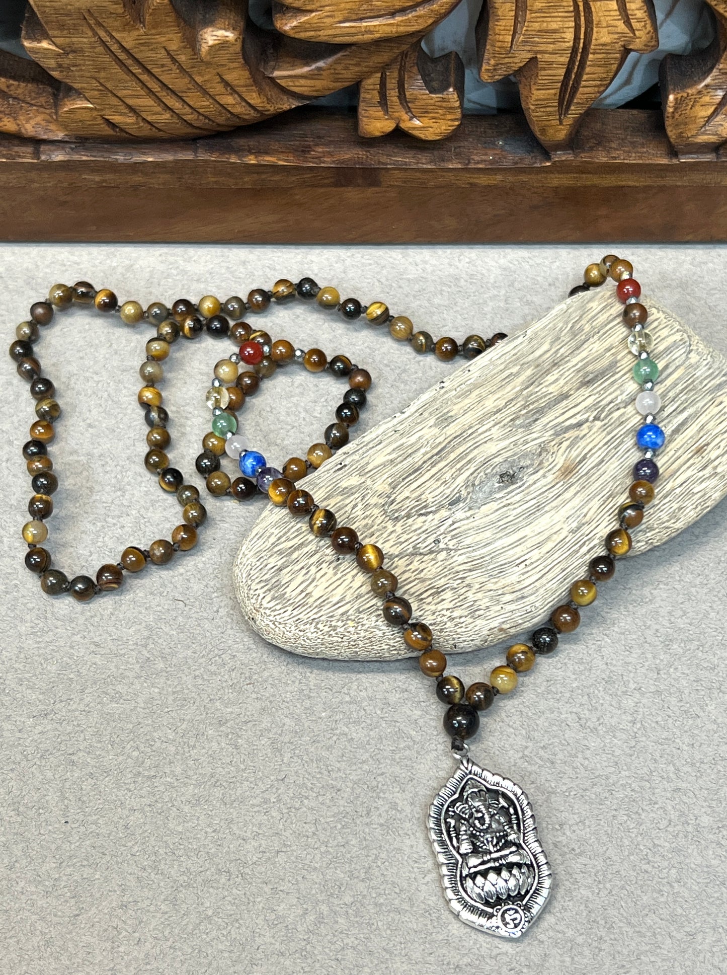 Hand knotted Tigers Eye Ganesh Mala