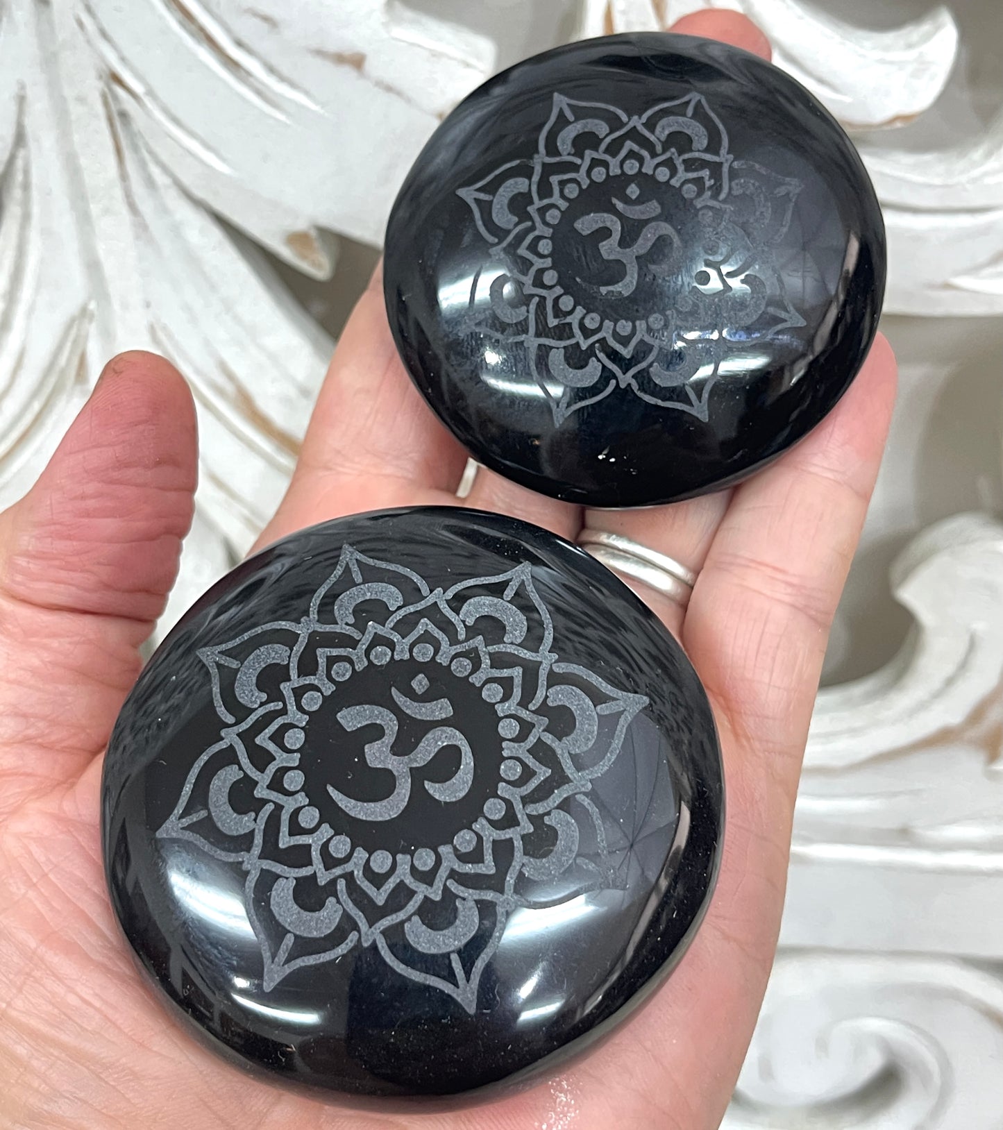 Black Obsidian Etched Om Mandala Palm Stones