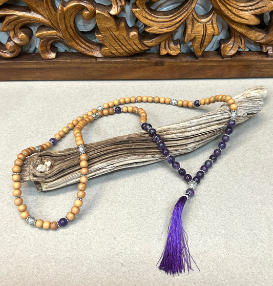 108 Bead Hand knotted Sandalwood & Amethyst Mala Necklaces