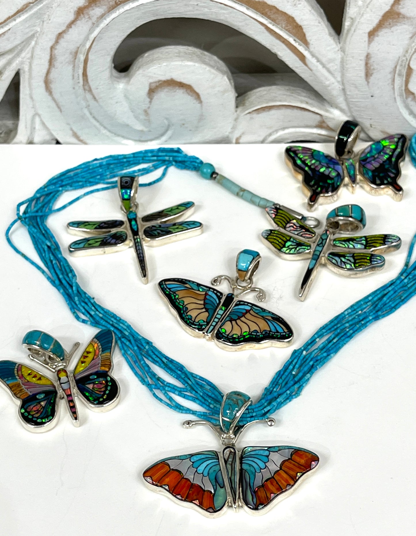 Inlaid Gemstone Butterfly Pendants by David Freeland