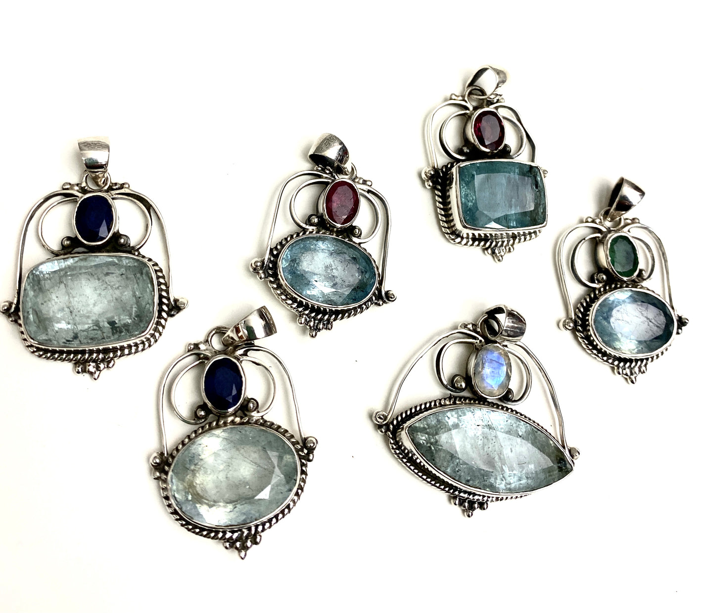 Large Size Faceted Aquamarine Pendants with Sapphires, Tourmalines or Emeralds