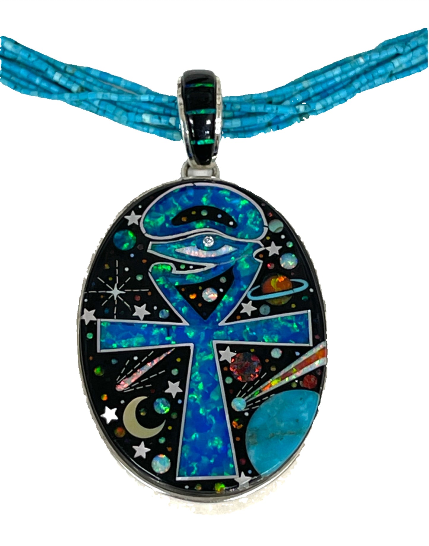 Inlaid Gemstone Ankh Eye of Horus Pendant by David Freeland