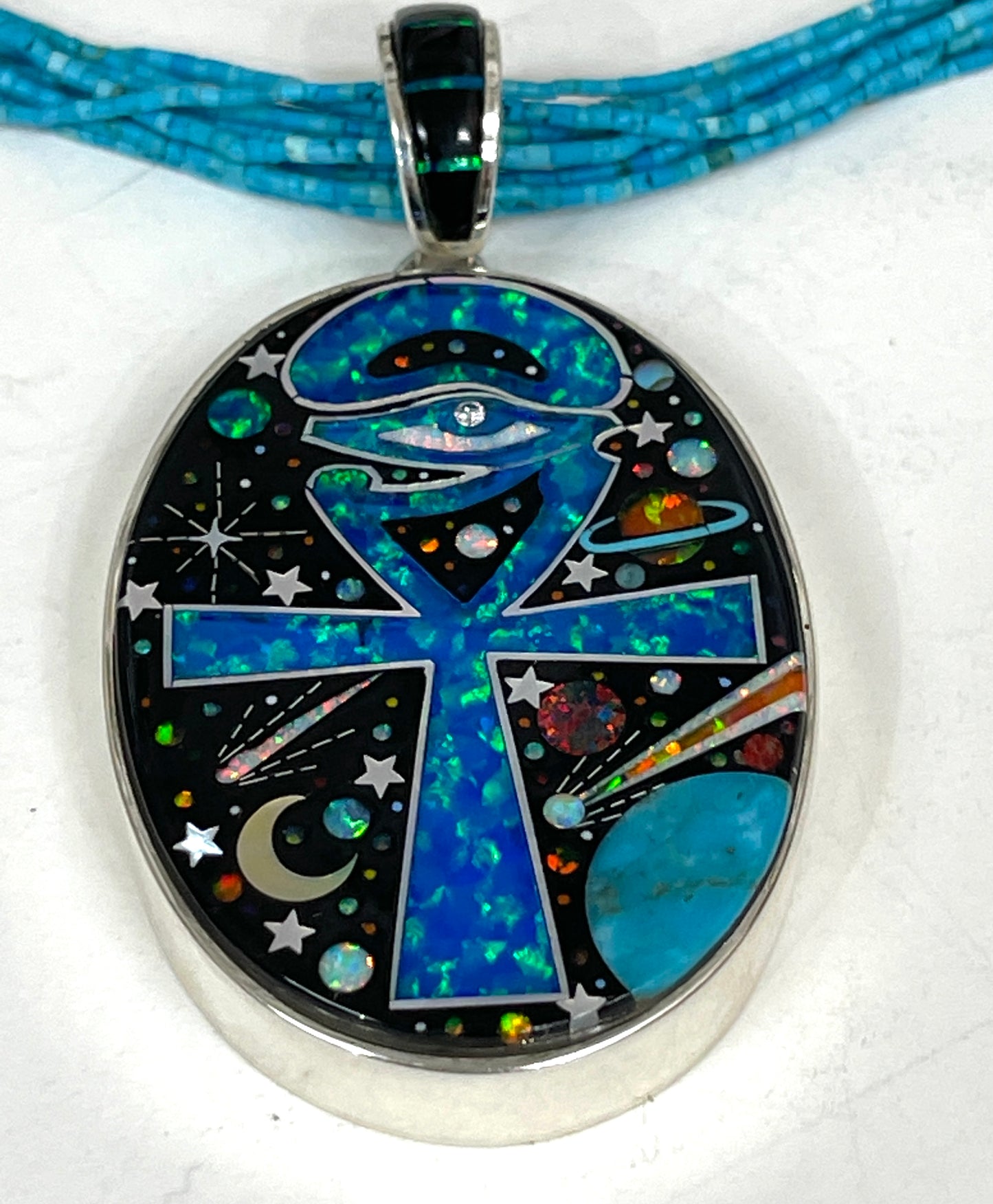 Inlaid Gemstone Ankh Eye of Horus Pendant by David Freeland