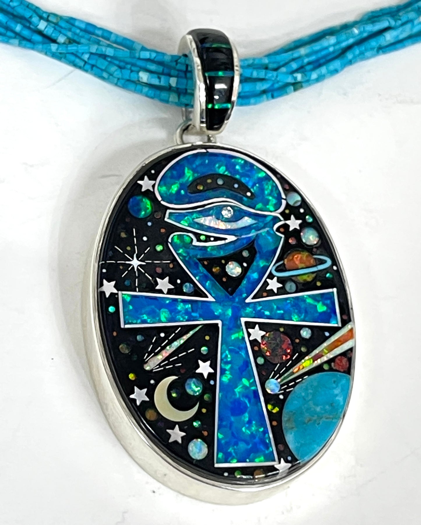 Inlaid Gemstone Ankh Eye of Horus Pendant by David Freeland