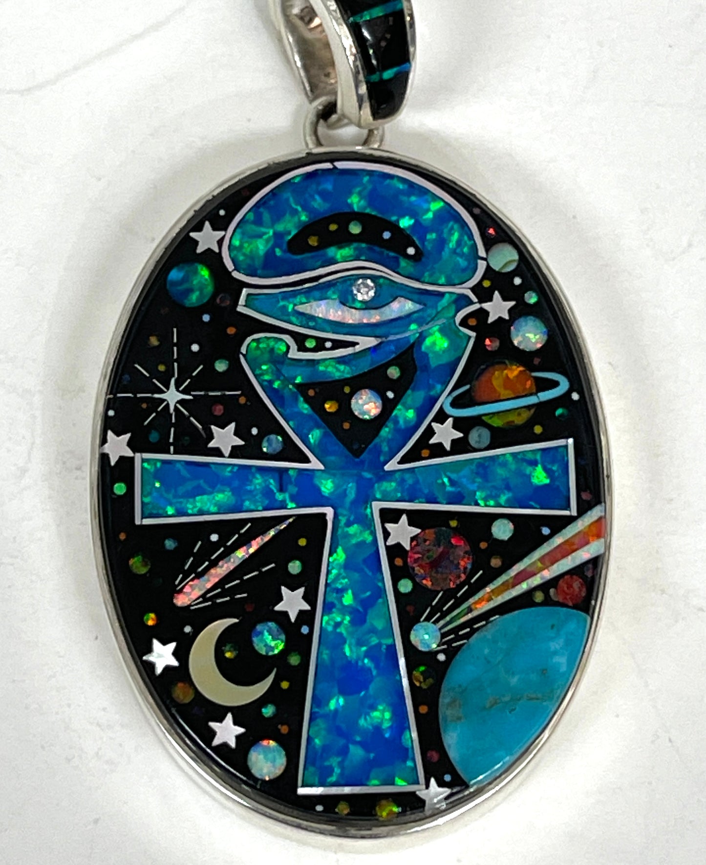 Inlaid Gemstone Ankh Eye of Horus Pendant by David Freeland