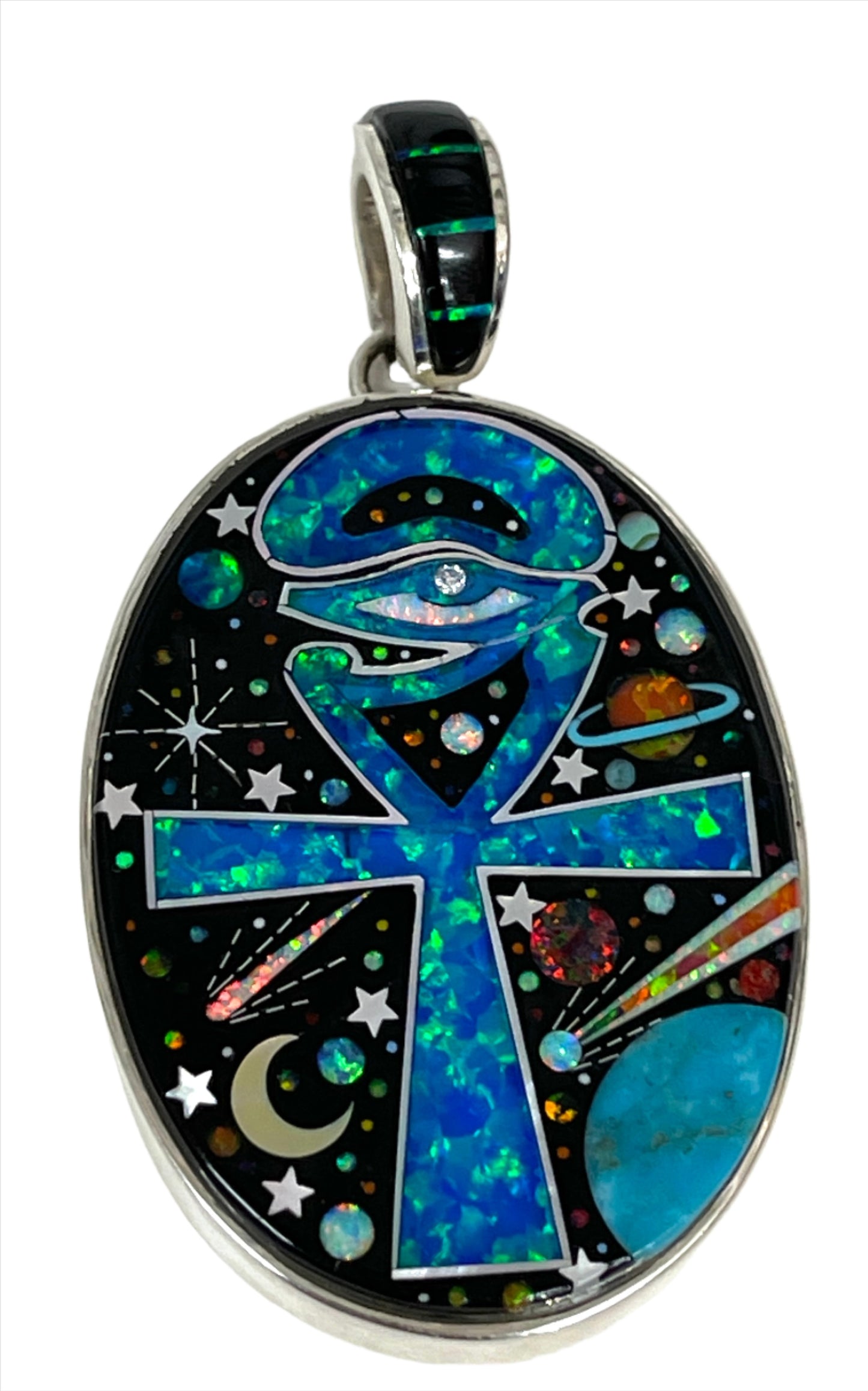 Inlaid Gemstone Ankh Eye of Horus Pendant by David Freeland