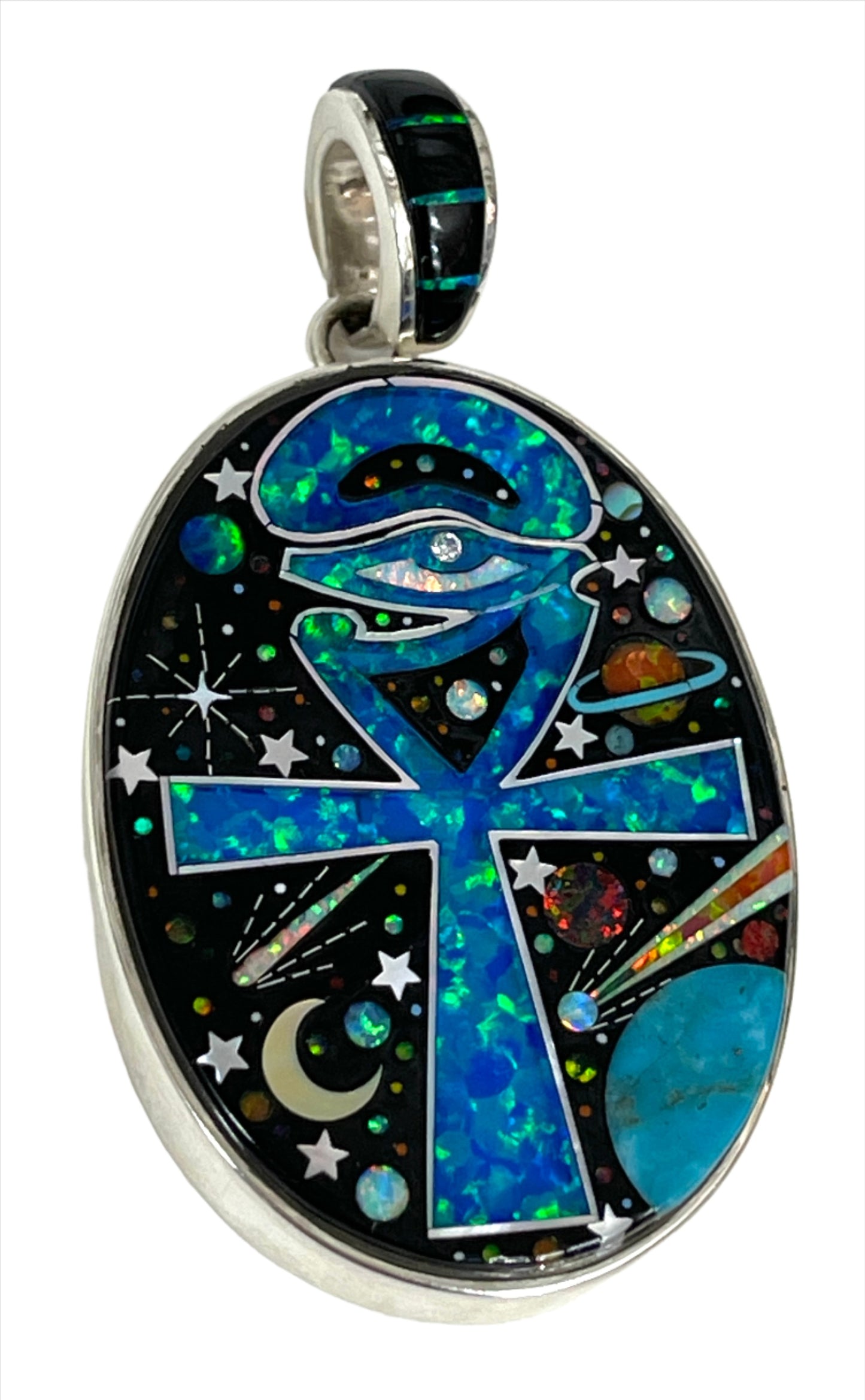 Inlaid Gemstone Ankh Eye of Horus Pendant by David Freeland