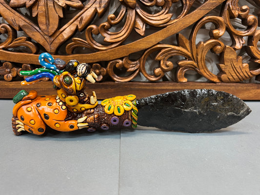 Decorative Aztec Tecpatl Obsidian Knives | XL Jaguar Warrior