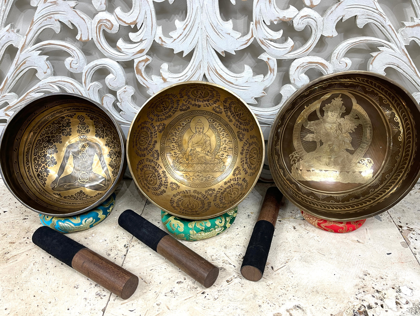 Hand Carved Seven Metal Singing Bowls