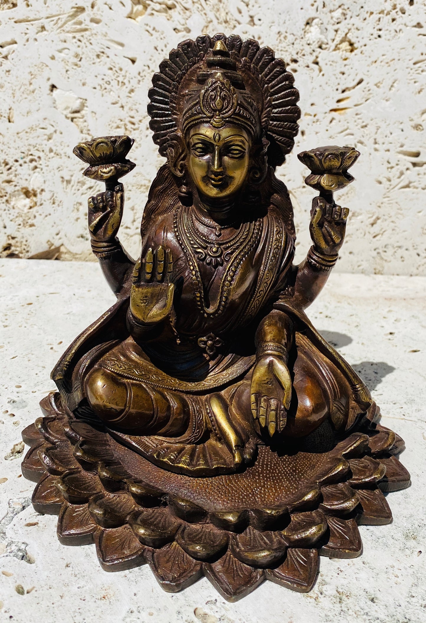 Hand Finished Brass Laxmi Statue - Goddess of Wealth 22cm x 20cm