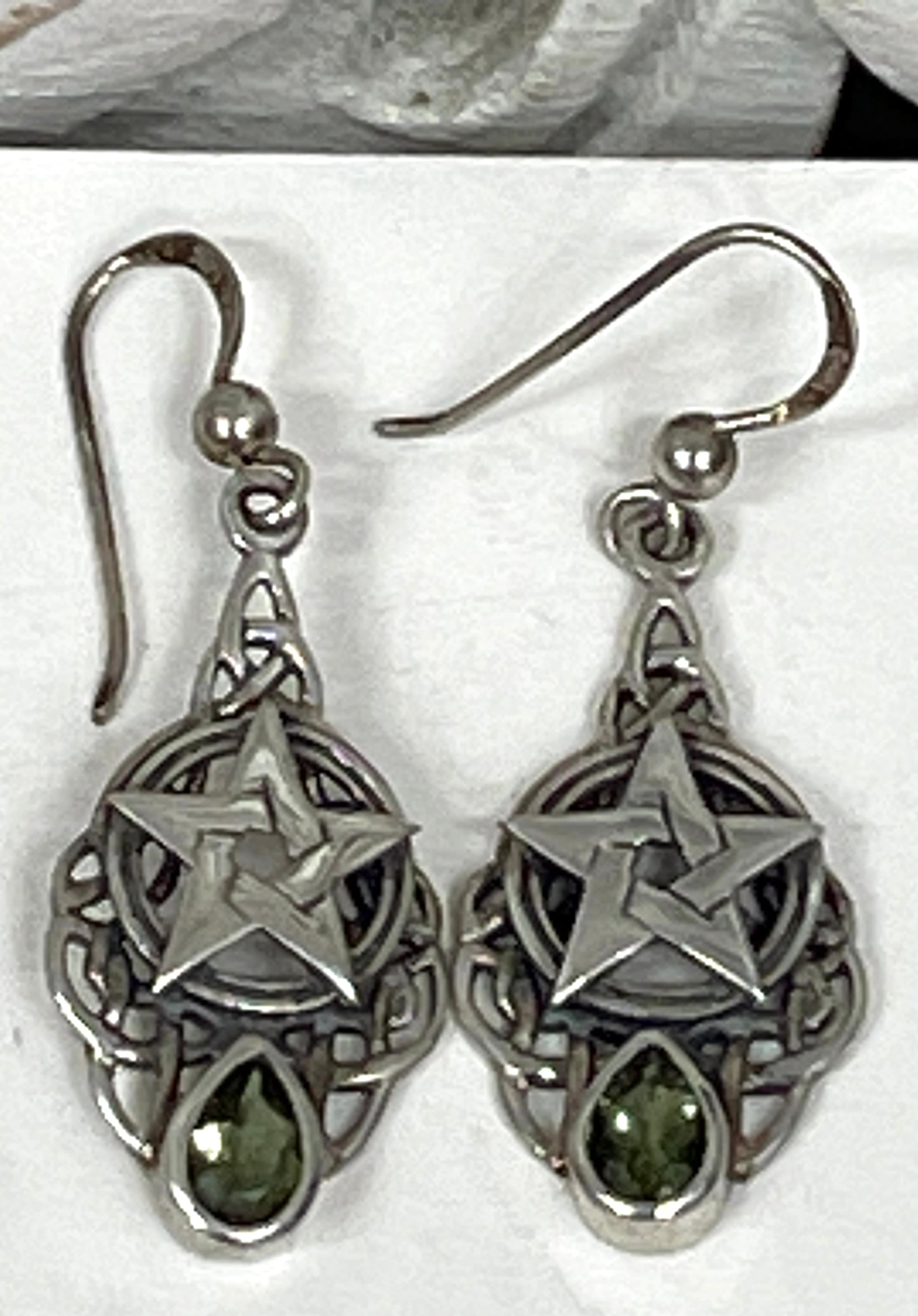 Sterling Silver Moldavite Pentacle Celtic Knot Earrings