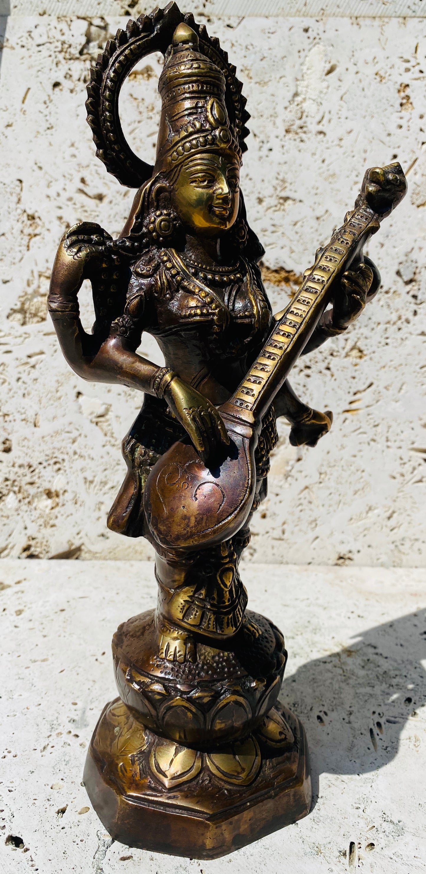 Hand Finished Brass Saraswati Statue - Goddess of Art & Music 36cm x 17cm