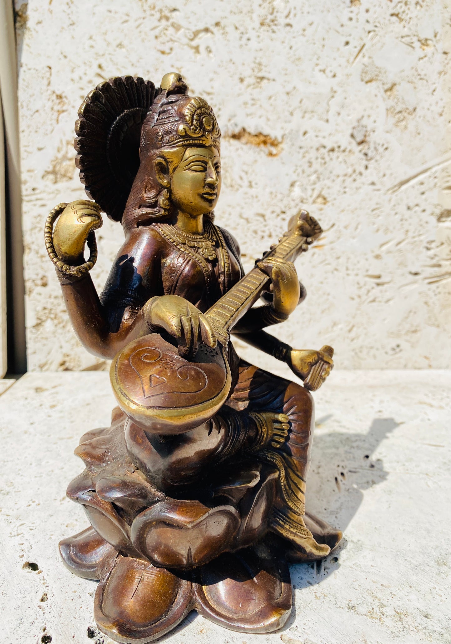 Hand Finished Brass Saraswati Statue - Goddess of Wealth 26cm x 18cm