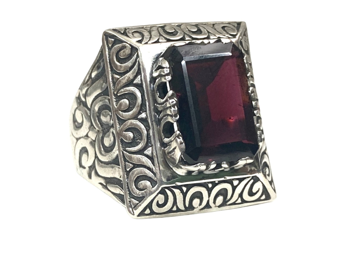 Sterling Silver Large Stone Faceted Garnet Rings -  Mens Sizes 10-15