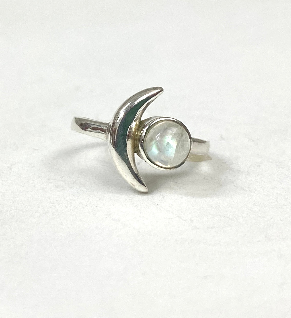 Sterling Silver Crescent Moon & Moonstone Ring - Available in sizes 5-9