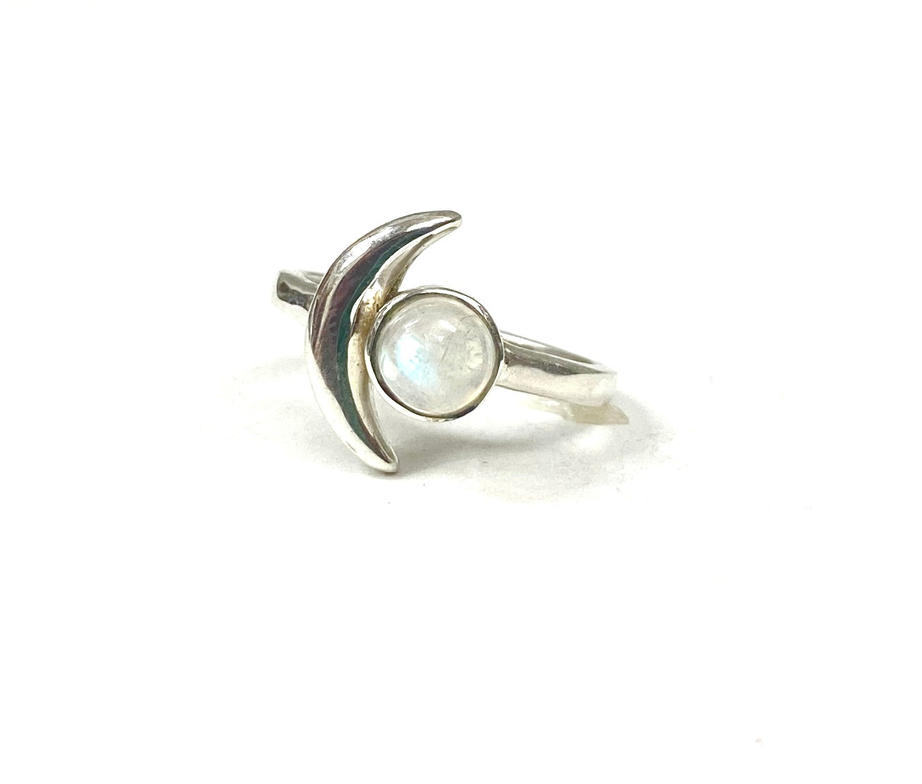 Sterling Silver Crescent Moon & Moonstone Ring - Available in sizes 5-9