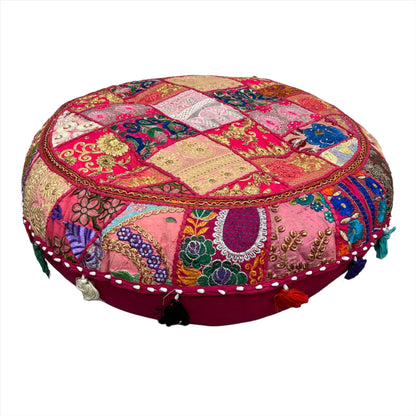 Large Round Embroidered Rajasthani Patchwork Floor Pillows