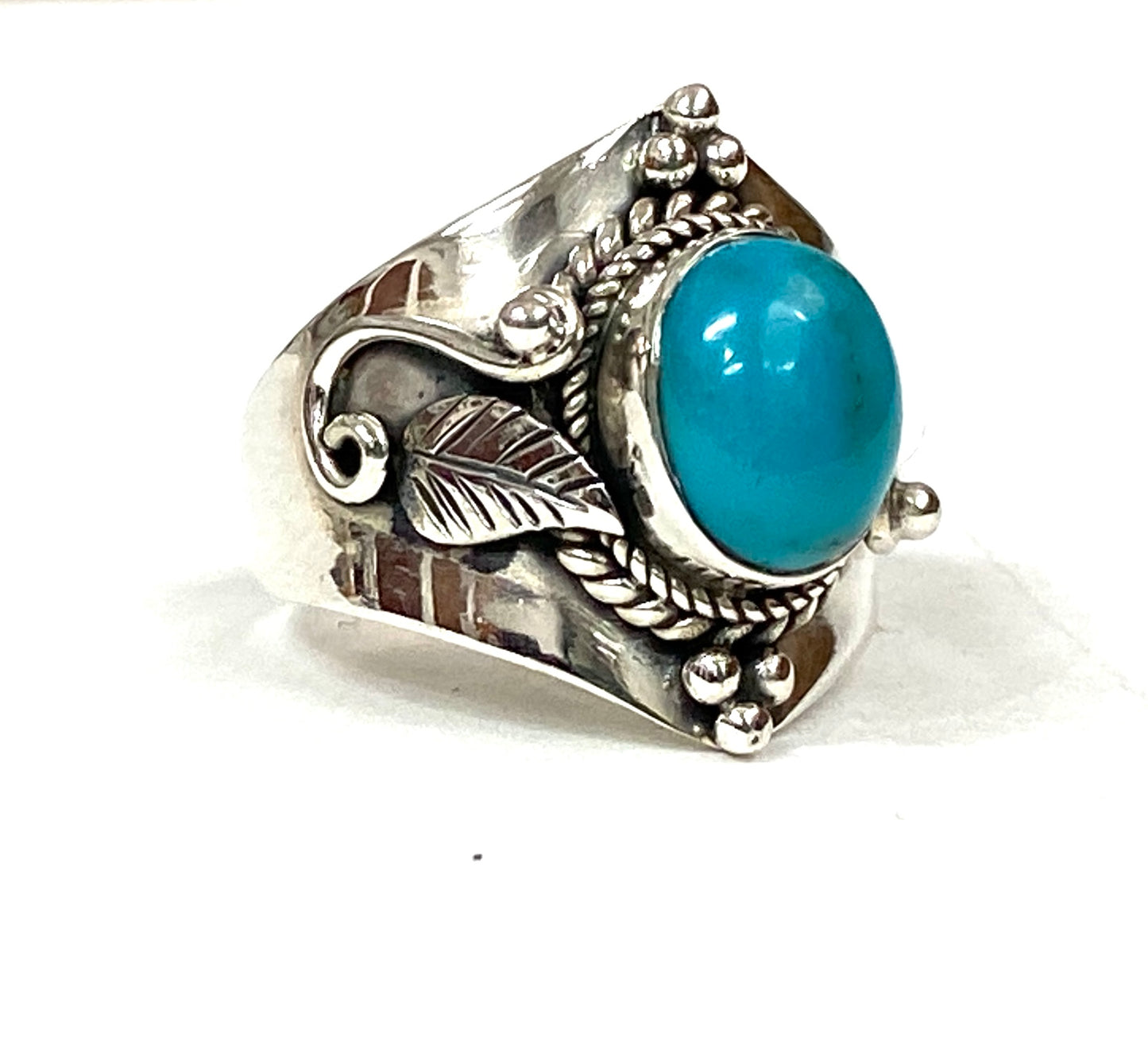 Sterling Silver Wide Vine and Leaf ring Sizes 6-13 in Ruby & Turquoise