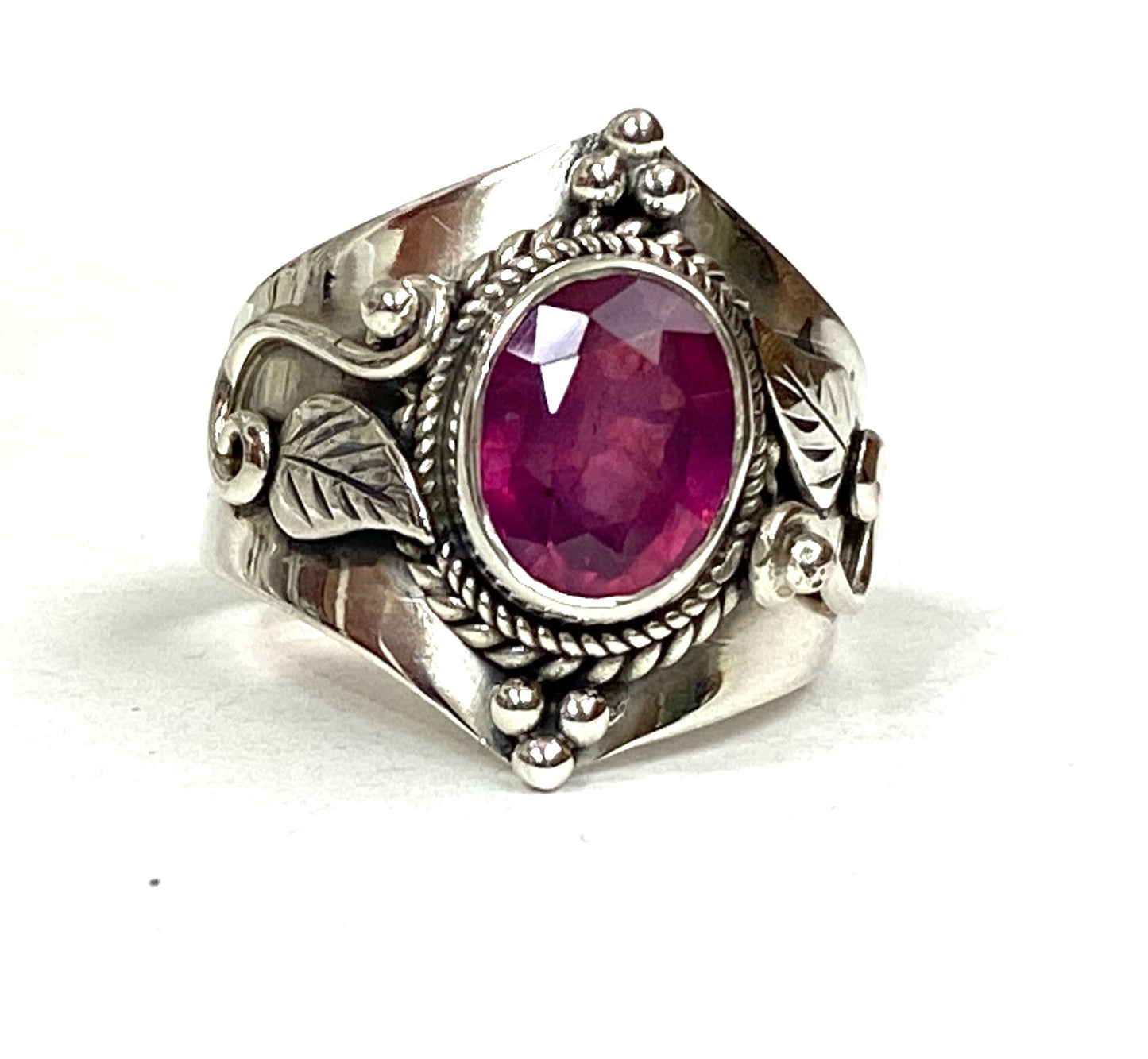 Sterling Silver Wide Vine and Leaf ring Sizes 6-13 in Ruby & Turquoise