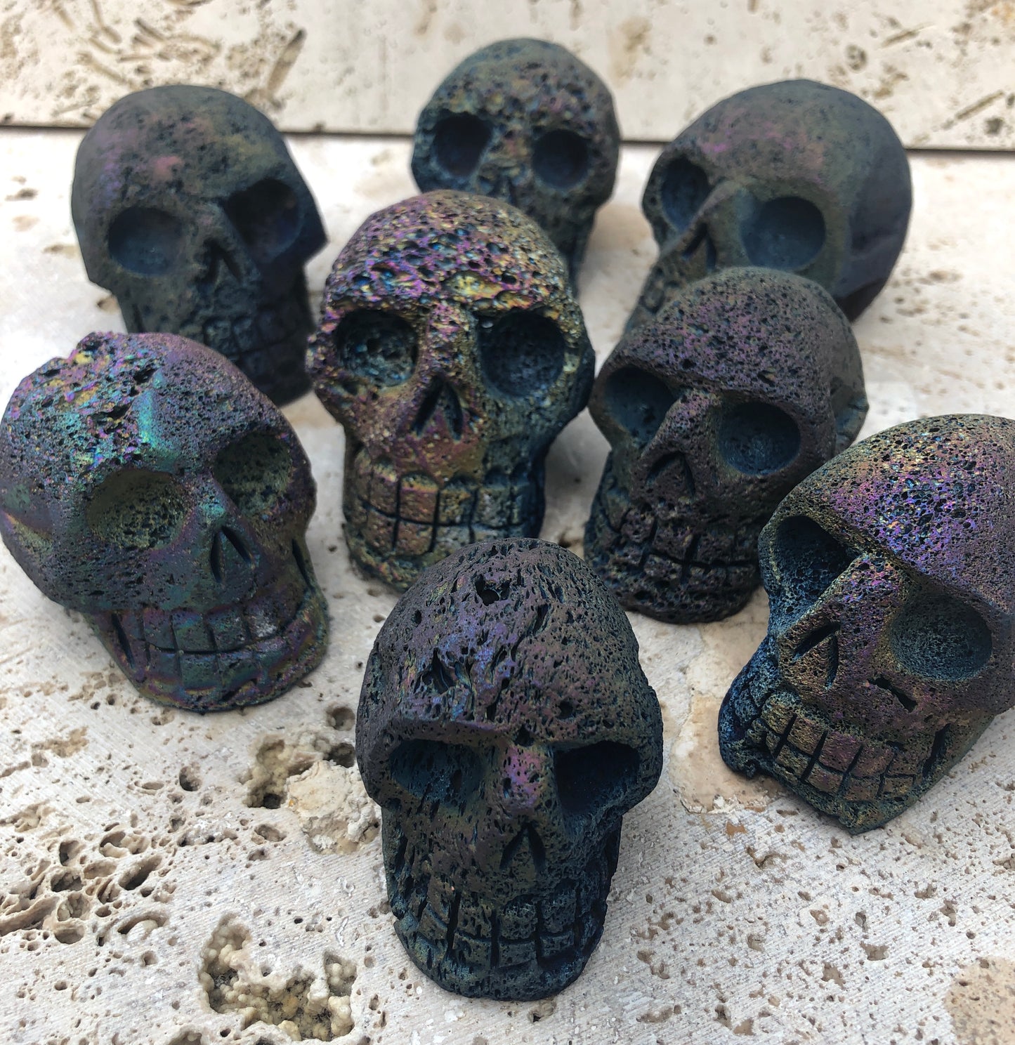 Large Hand Carved Lava Stone Skulls with Titanium coating