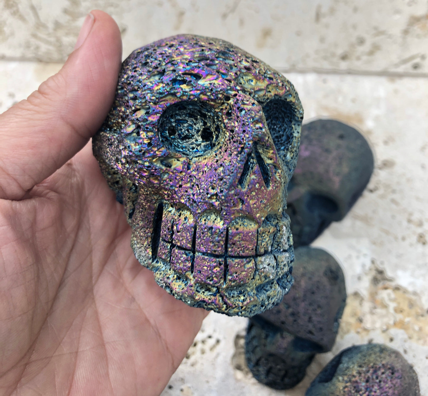 Large Hand Carved Lava Stone Skulls with Titanium coating