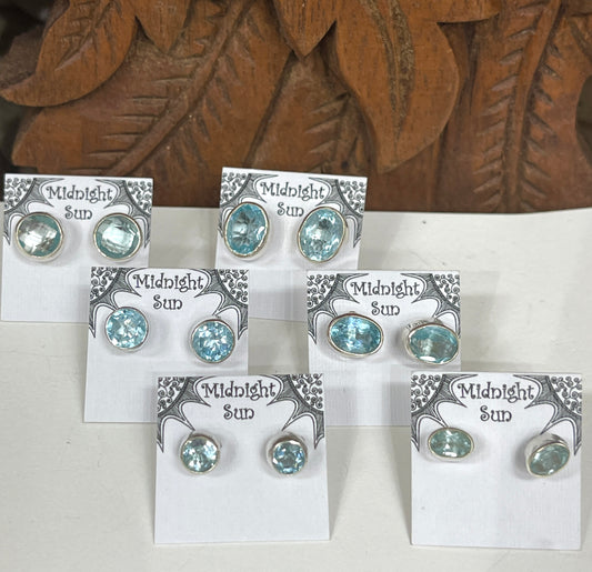 Blue Topaz Sterling Silver Stud Earrings - 6 Sizes Available