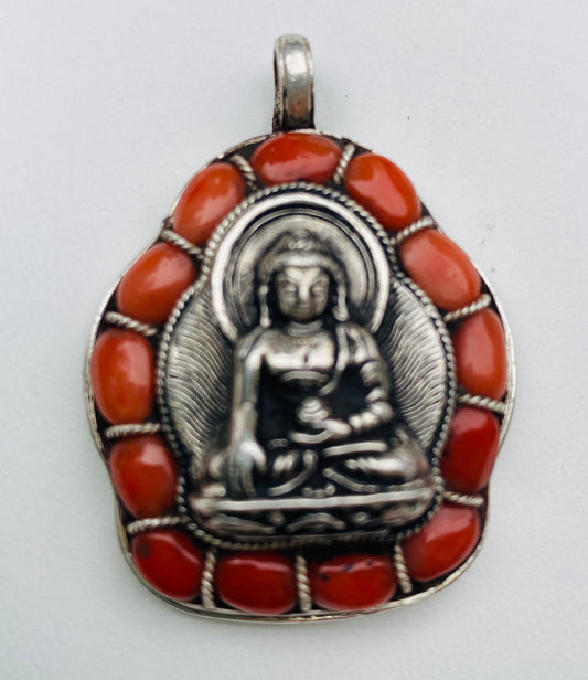 Tibetan Buddhist Gau Pendant in Red Coralwith Ganesh or Buddha