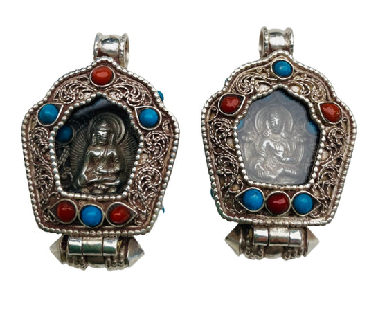 Tibetan Buddhist Gau Box Pendant with Buddha or Green Tara in Turquoise and Coral 42mm x 34mm