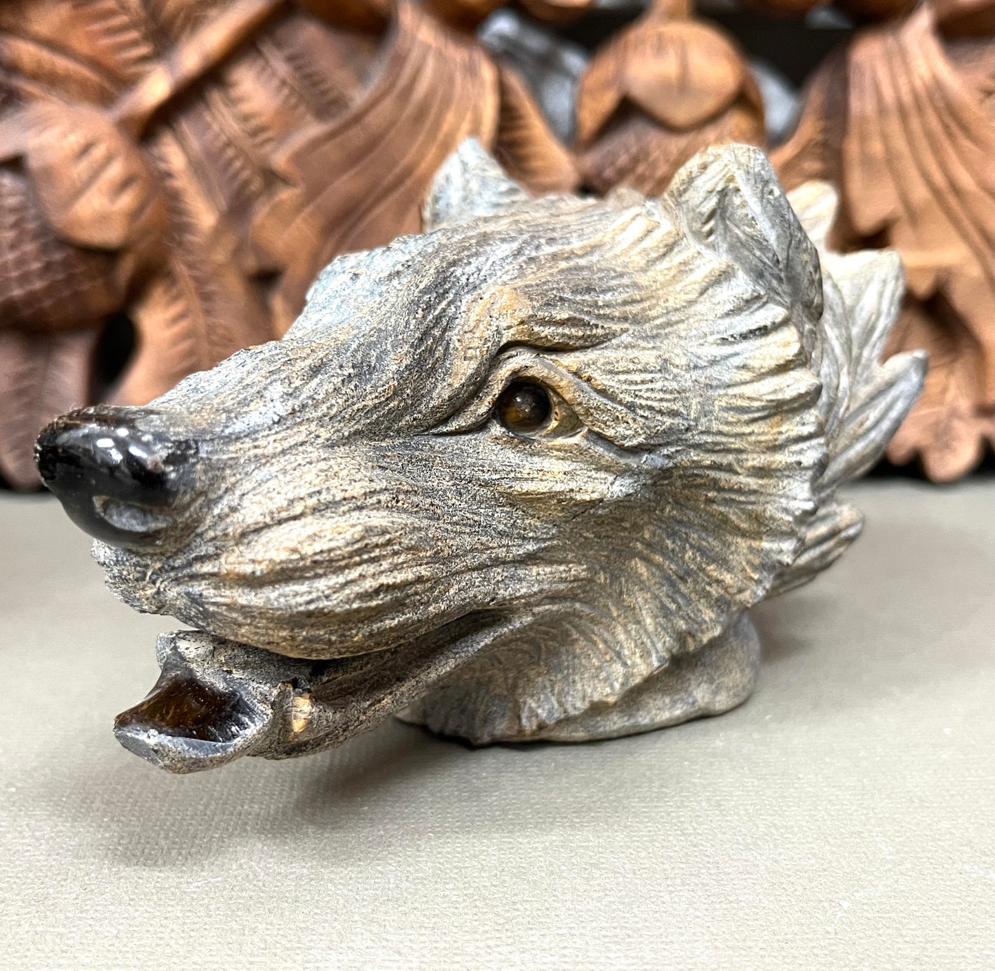 Carved Tigers Eye Wolves