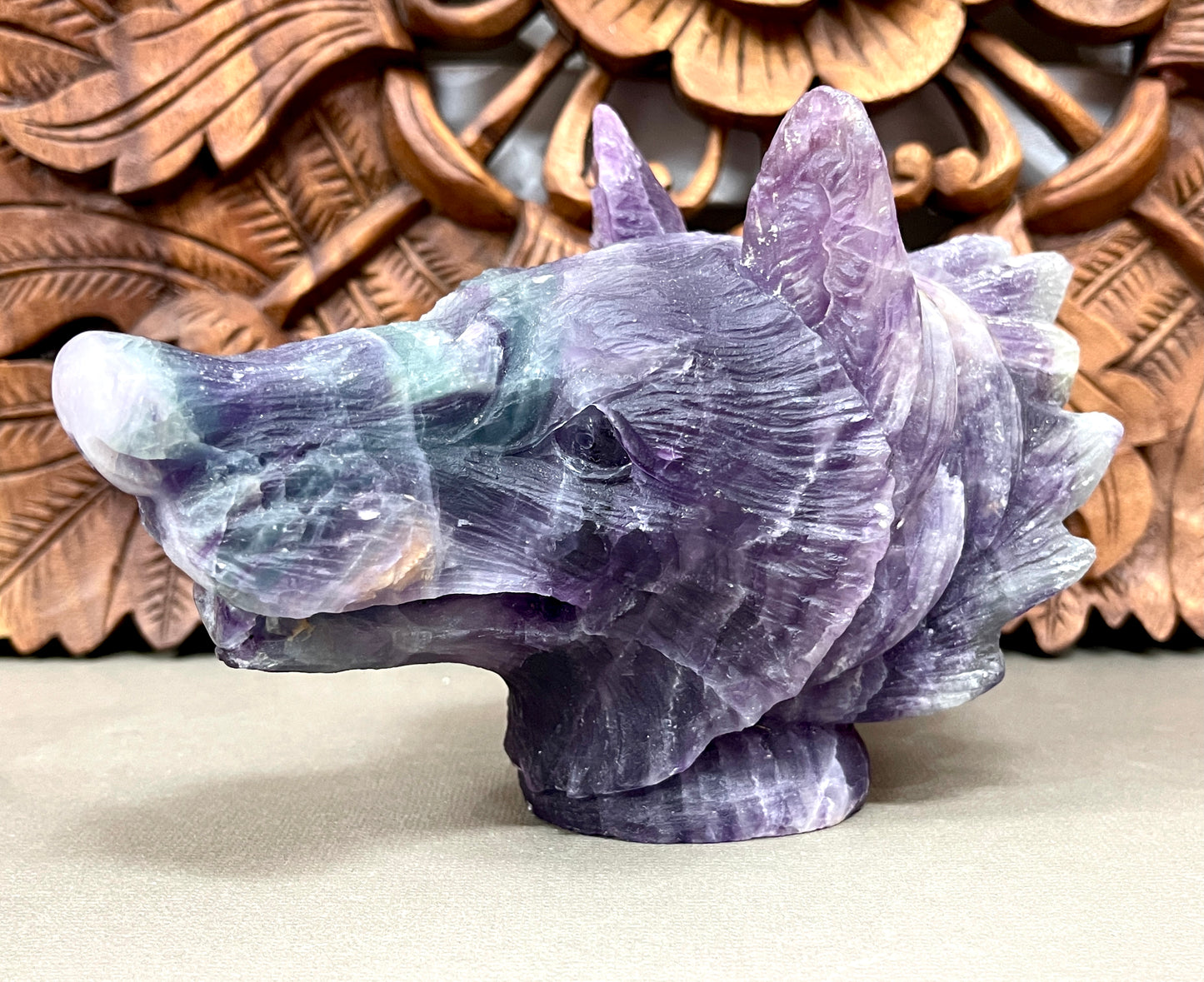 Carved Rainbow Fluorite Wolf