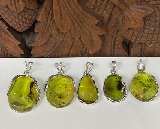 Natural Green Amber Sterling Silver (925) pendants