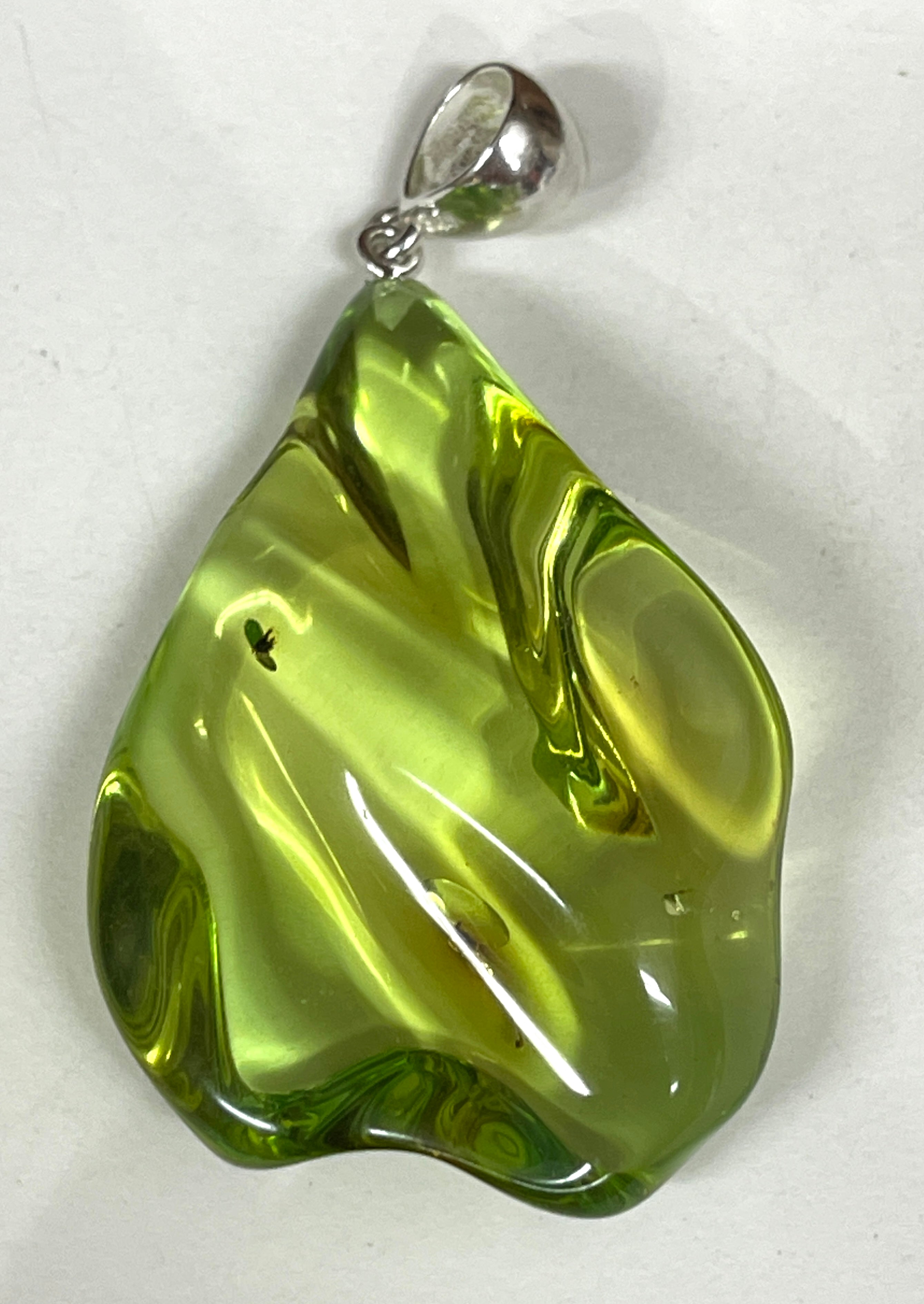 Vintage Natural popular Green Amber Pendant Necklace, Square in Freeform Silver Frame