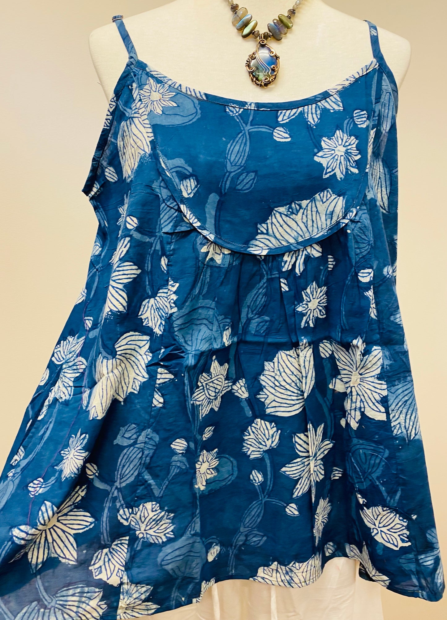 Hand Block Print Indigo Cotton Tank Top with pleated detail on top - 4 Patterns Available