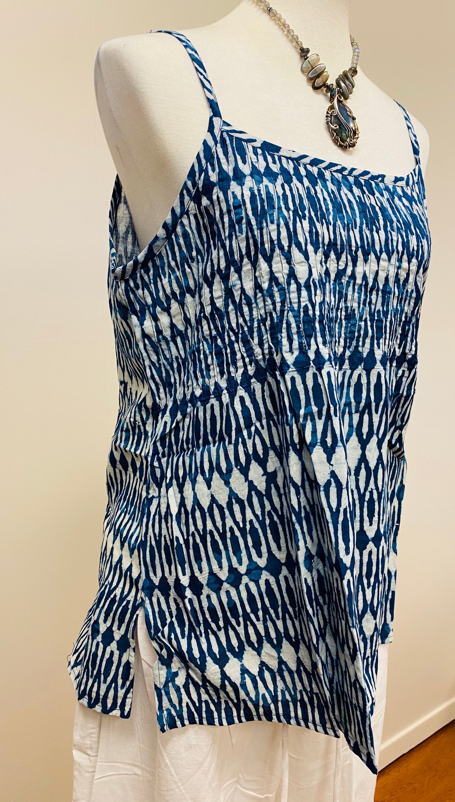 Hand Block Print Indigo Cotton Tank Top with pleated detail on top - 4 Patterns Available