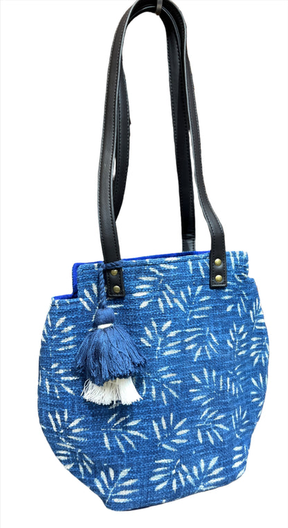 Natural Indigo Block Print Tassel Bag