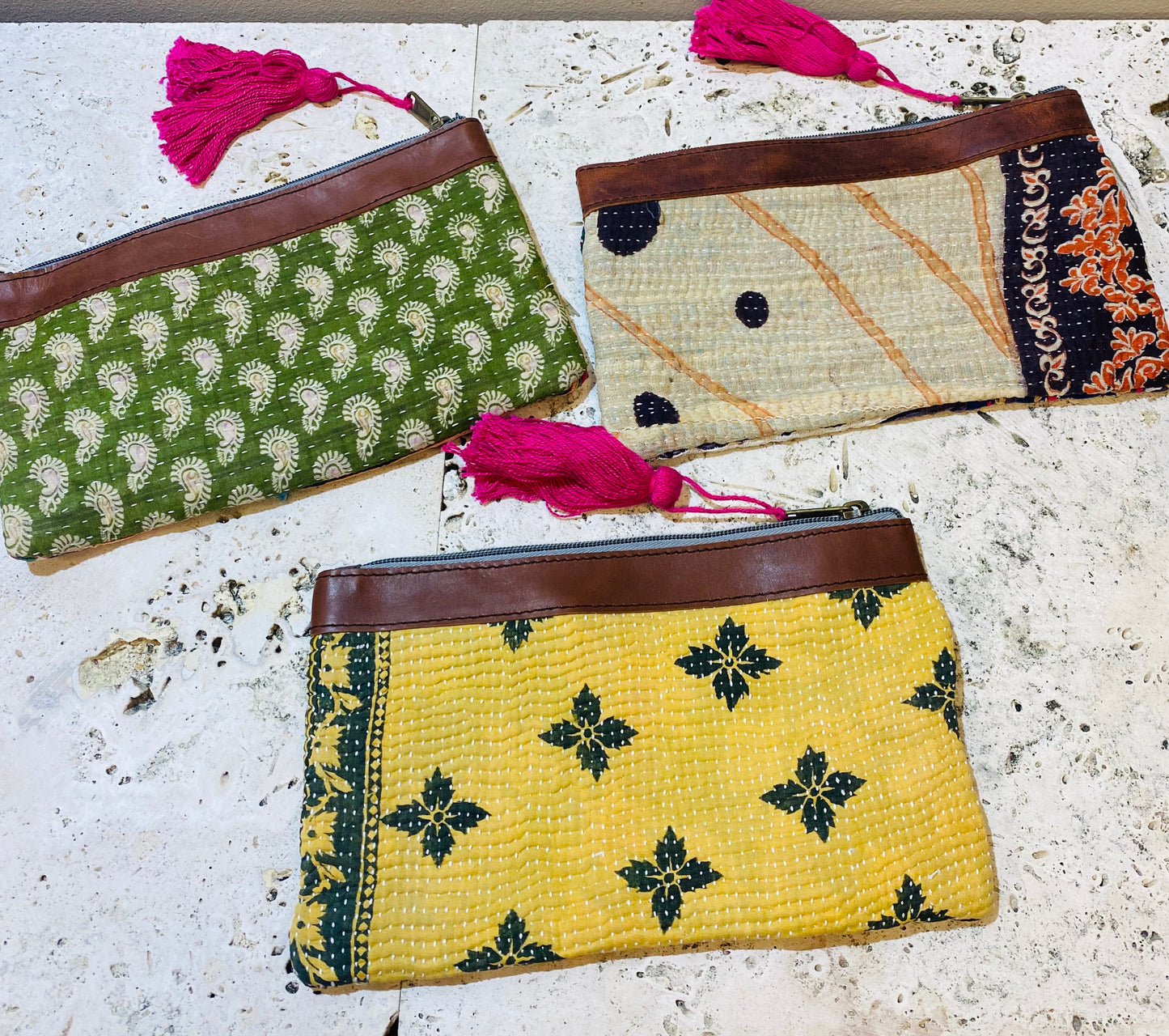 Recycled Hand Embroidered Rajasthani Coin Purses w/ Leather top.