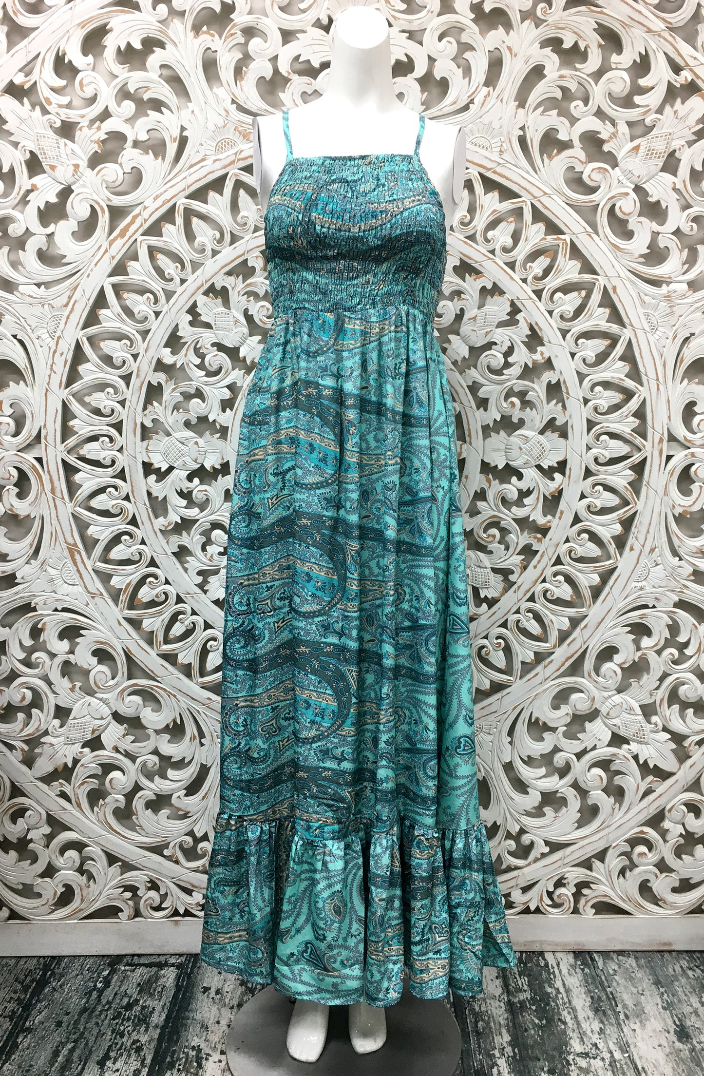 Silk Sari long dress spaghetti straps-Elastic Top