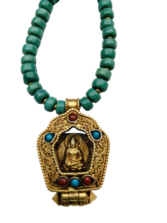 Tibetan Buddhist Gau Box Pendant Buddha or Green Tara on Turquoise and Coral necklace