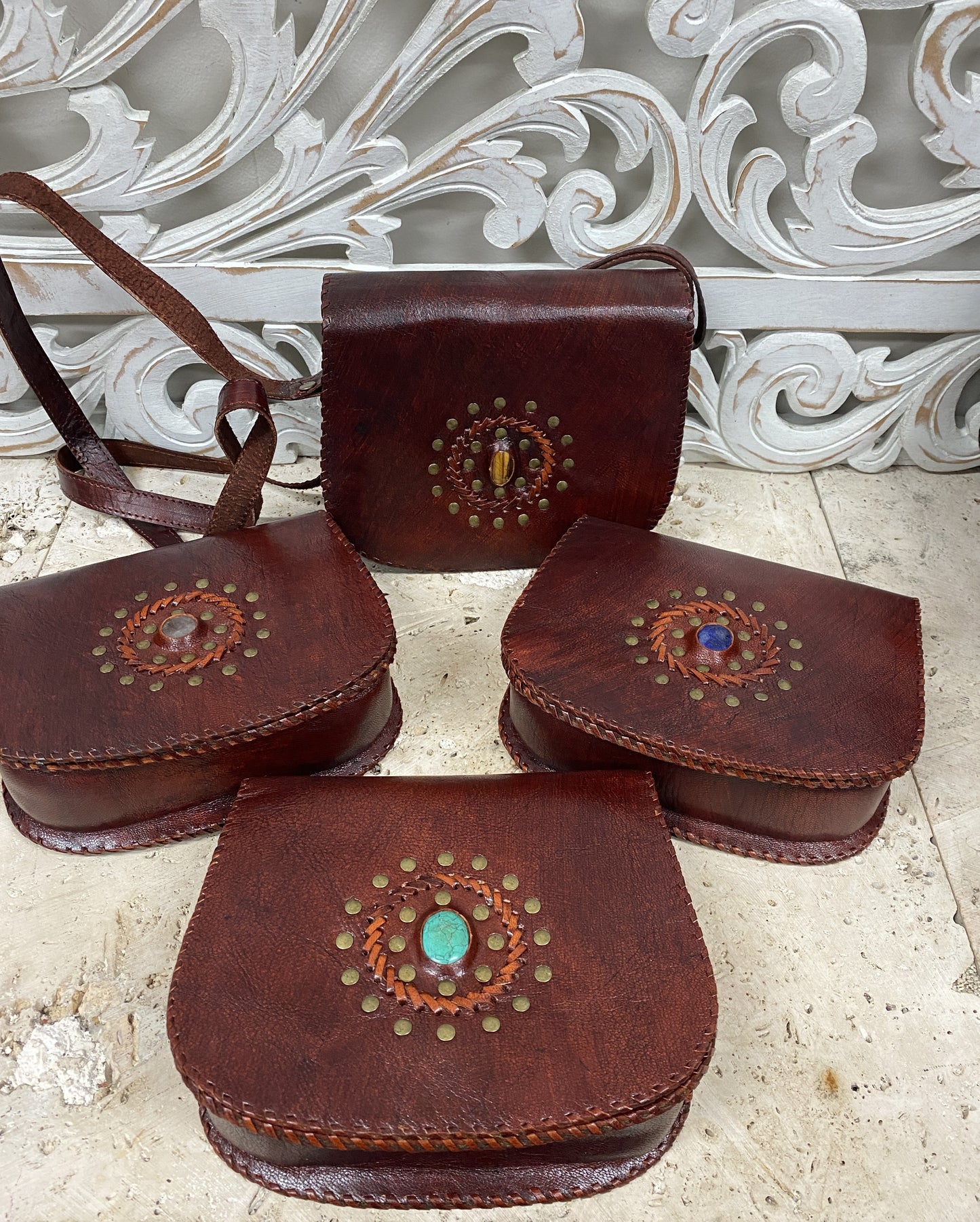 Hand Made Camel Leather Round bottom purse with Gemstones 3 Pockets! 7" x 5”
