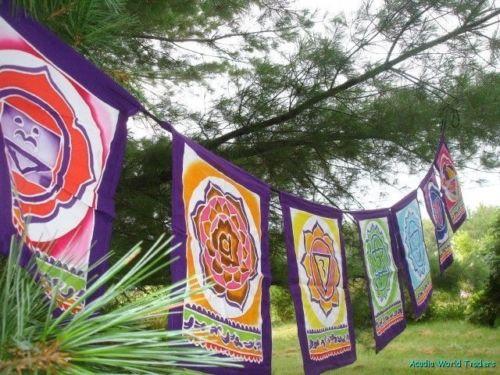 Hand Batiked Garden Prayer flags Chakra Symbols