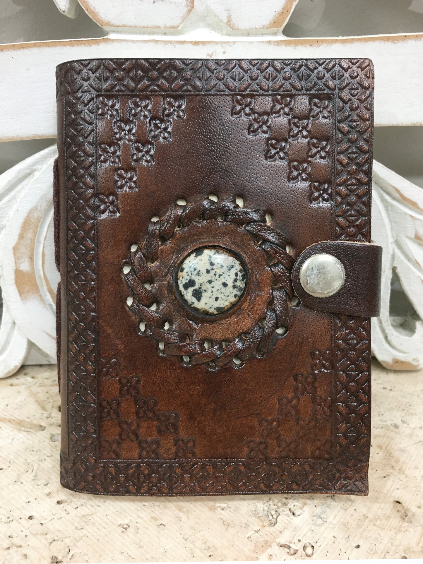 Hand Embossed Camel leather Journal with Gemstones & button close - 3.5" x 5