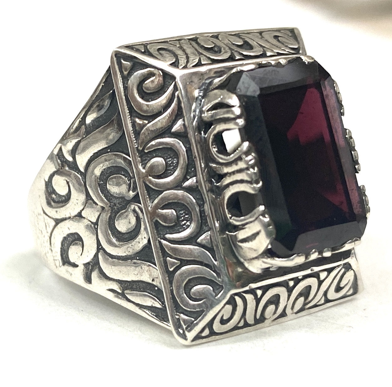 Sterling Silver Large Stone Faceted Garnet Rings -  Mens Sizes 10-15