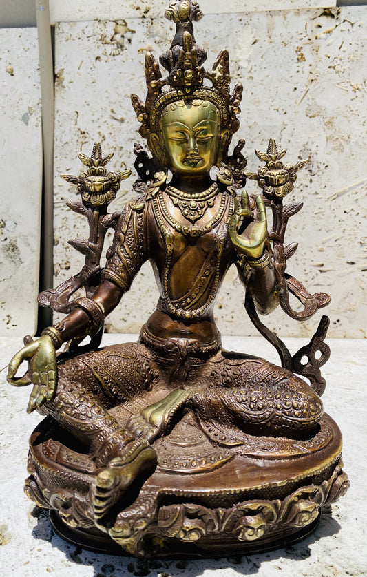 Hand Finished Brass Green Tara Statues - Goddess of Healing 33cm x 20cm