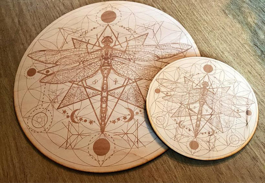 Dragonfly Flower of Life Crystal Gridding Boards - Available in 3"-12"