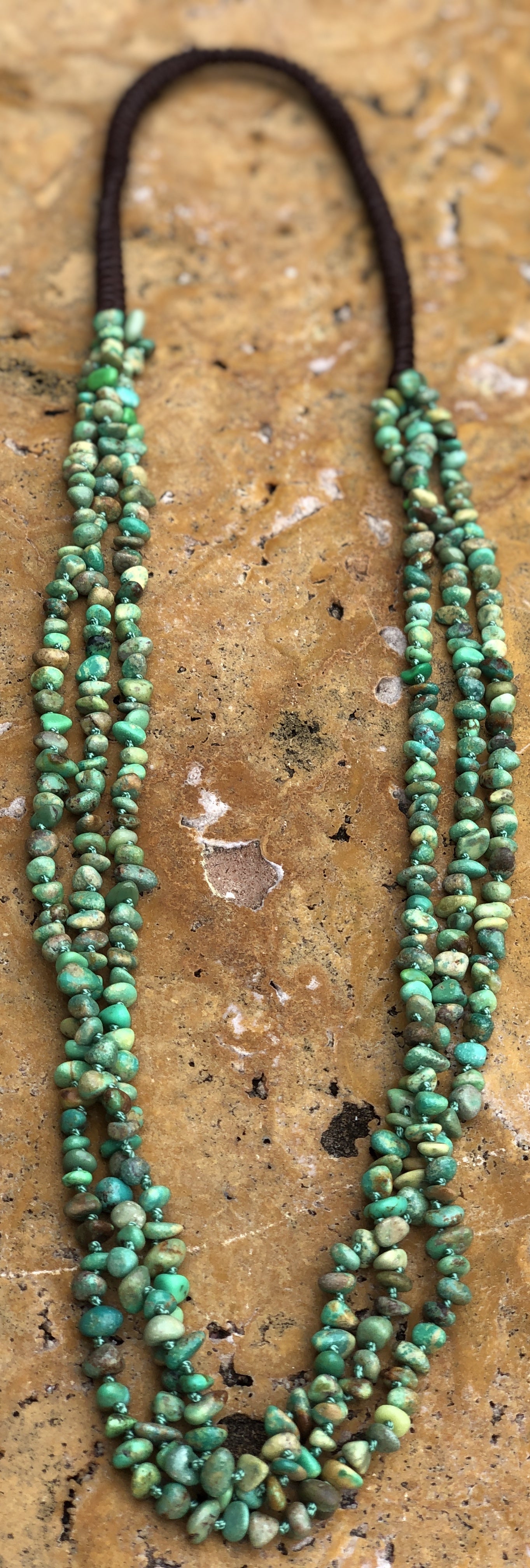 Hand knotted 3 strand Natural Green Turquoise Chip Necklace