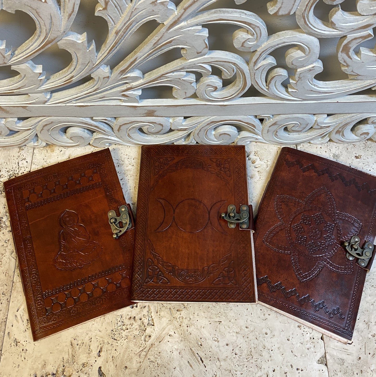 Hand Embossed Camel leather Journal with Buckle Latch - 7" x 10" x 1/2"