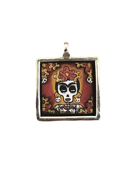 Sterling Silver Frida Kahlo Skeleton Hand-painted Pendant