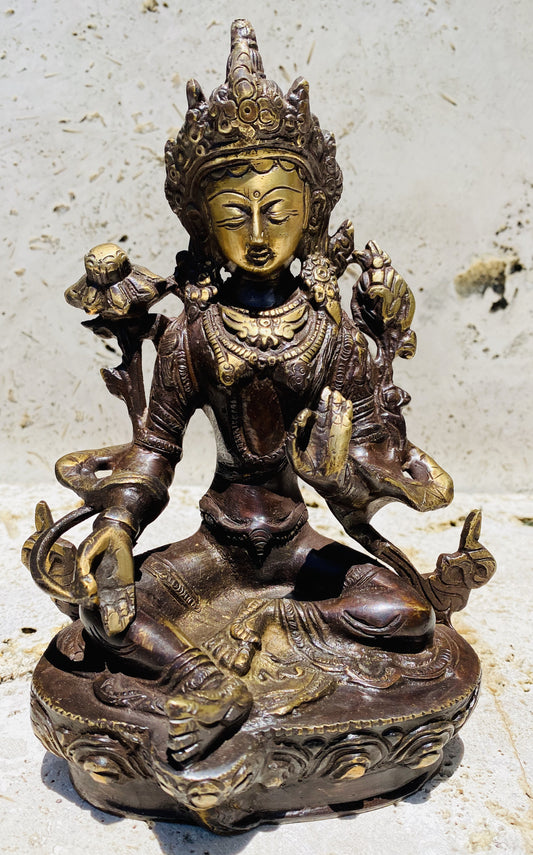Hand Finished Brass Green Tara Statues - Goddess of Healing 20cm x 14cm
