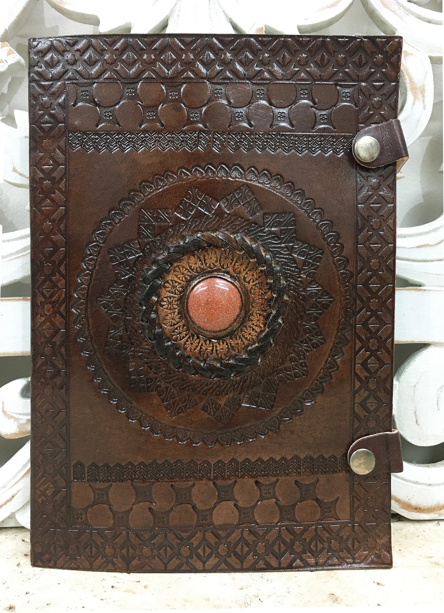 Hand Embossed Camel leather Journal with Gemstones & Button Clasp - 10" x 7" x 1"
