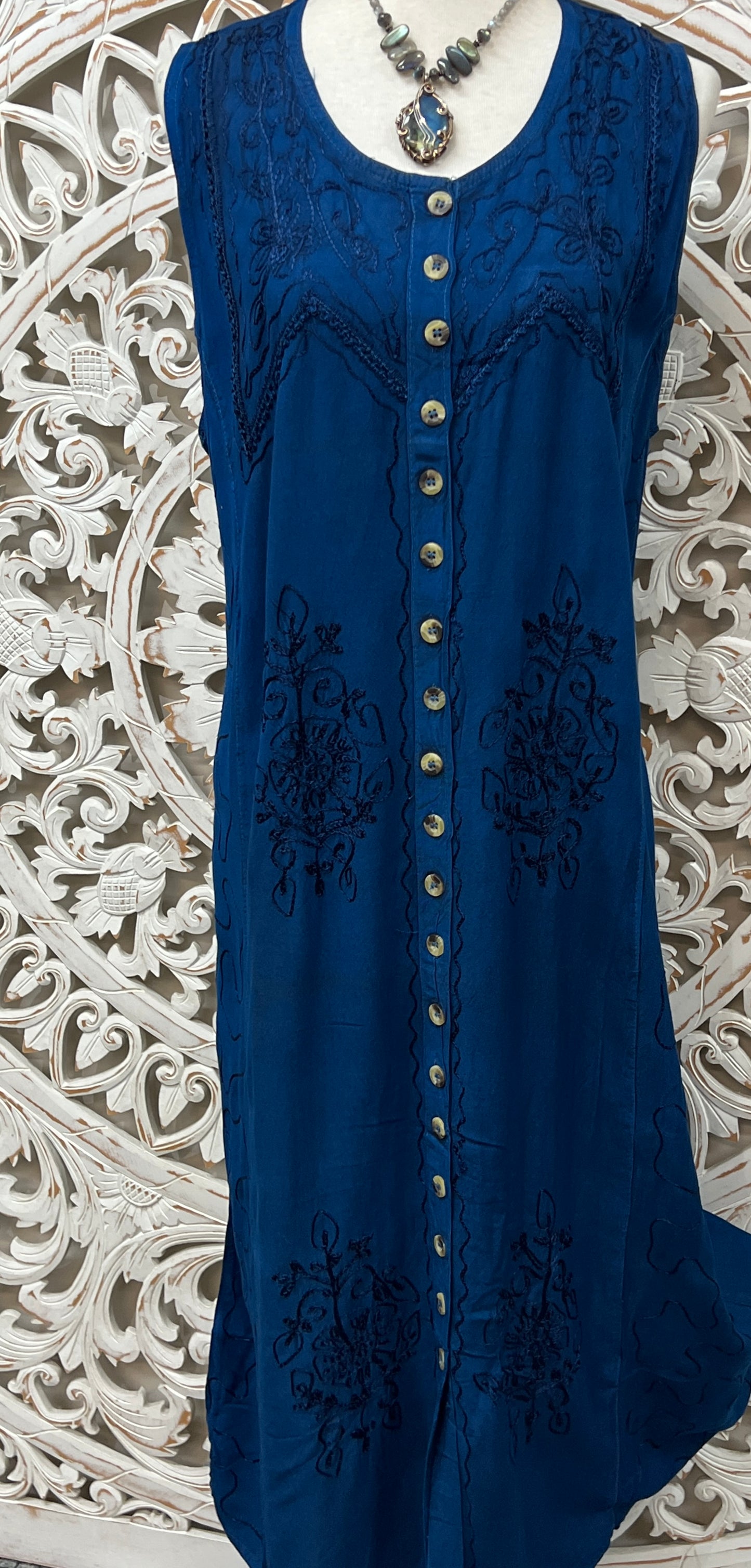 Embroidered Sleeveless Button up Dress